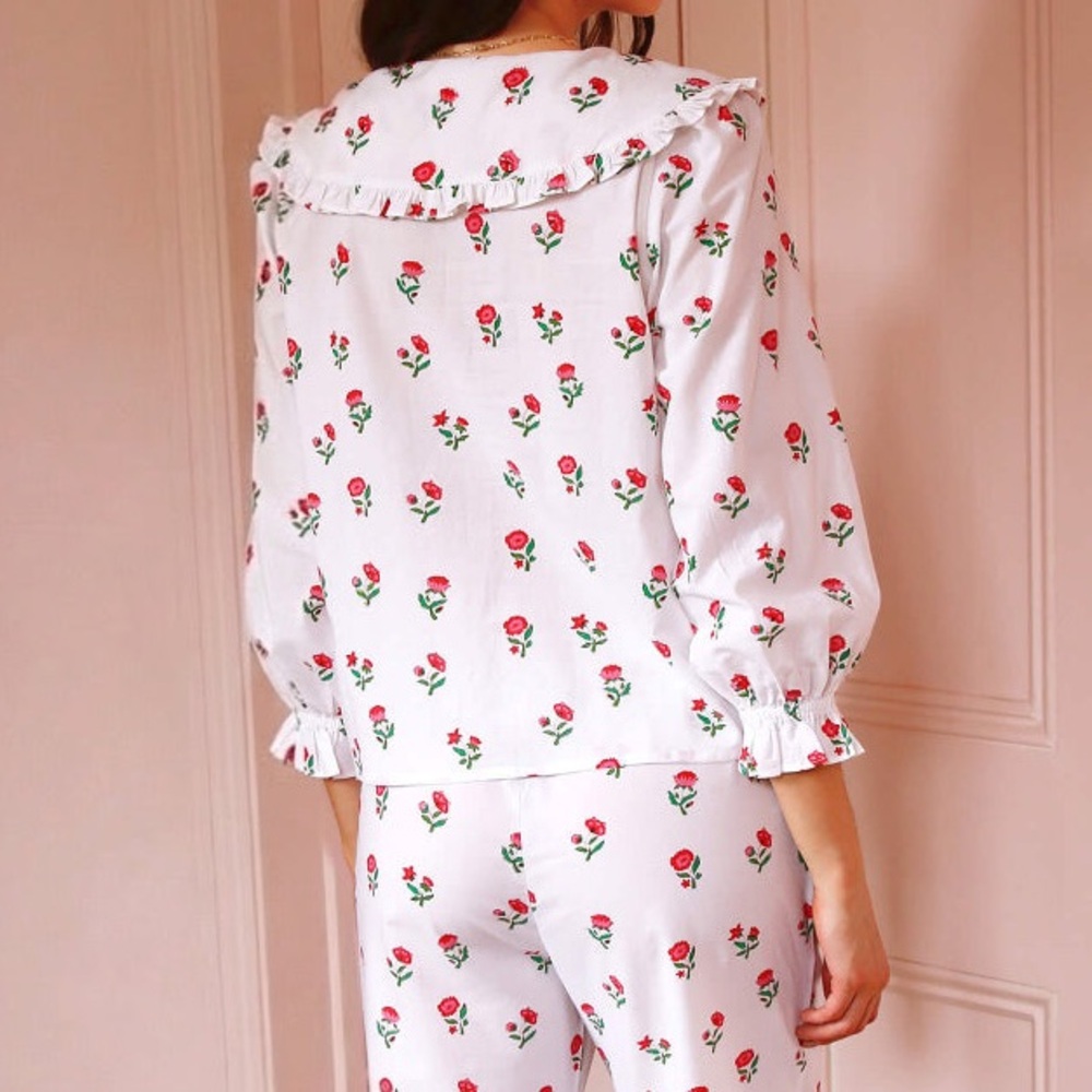 Pink City Prints Scarlet Ditsy Joy Pyjama White and Pink Organic Cotton Top | S - Picture 3 of 9